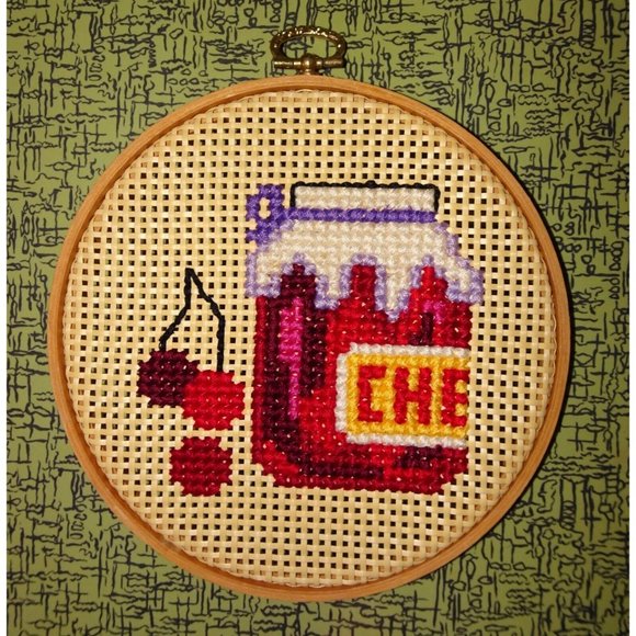 Vintage Needlepoint Hoop Art Cherries on Woven Rattan wood frame farmhouse decor - Picture 11 of 11